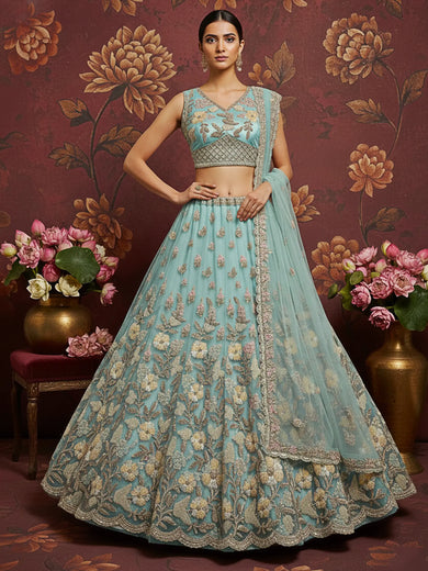 Marvelous Sky-Blue Embroidered Net Designer Lehenga Choli With Dupatta